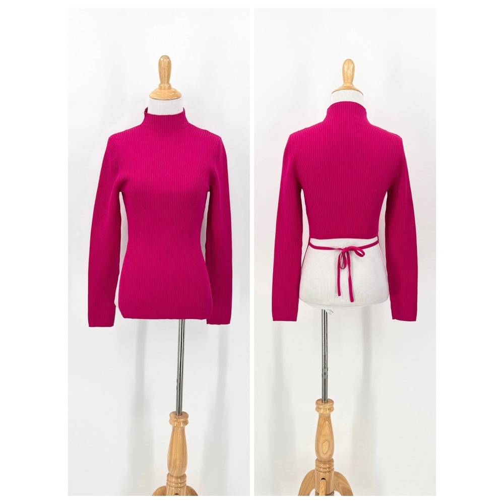 ARITZIA BABATON Sculpt Knit Tie Back Top Women Medium Pink Rib Long Sleeve Mock